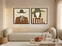 Cowboy & Wide-Brim Lady — Set of 2 Original Oils, Olive & Rust — original hand-painted oil shown on the wall in a styled room