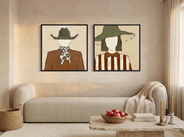 Cowboy & Wide-Brim Lady — Set of 2 Original Oils, Olive & Rust