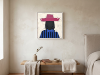 Lady in a Raspberry Hat Wall Art — Original Palette-Knife Oil, Raspberry & Cobalt — original hand-painted oil shown on the wall in a styled room