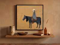 Braided Rider on Horseback Wall Art — Original Palette-Knife Oil, Slate Blue & Ochre — original hand-painted oil shown on the wall in a styled room