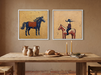 Standing Horse & Small Rider — Set of 2 Original Oils, Navy & Vermilion — original hand-painted oil shown on the wall in a styled room