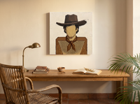 Cowboy in a Checked Shirt Wall Art — Original Palette-Knife Oil, Brown & Cream — original hand-painted oil shown on the wall in a styled room