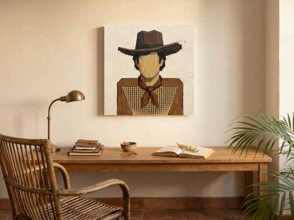 Cowboy in a Checked Shirt Wall Art — Original Palette-Knife Oil, Brown & Cream