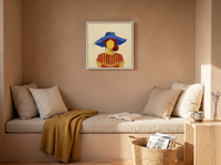 Woman in a Cobalt Hat Wall Art — Original Palette-Knife Oil, Cobalt & Yellow — original hand-painted oil shown on the wall in a styled room