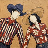 Original oil painting of a faceless couple mid-dance, a man in a navy hat and striped shirt leaning toward a woman in a straw hat and red daisy shirt, on a golden ochre ground