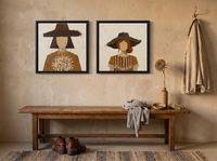 Women in Hats — Set of 2 Original Oils, Chocolate & Tan — original hand-painted oil shown on the wall in a styled room