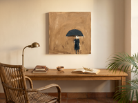 Woman Under an Umbrella Wall Art — Original Oil, Navy & Ochre — original hand-painted oil shown on the wall in a styled room