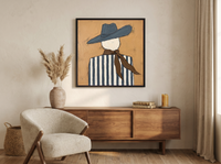Cowgirl from Behind Wall Art — Original Palette-Knife Oil, Slate Blue & Ochre — original hand-painted oil shown on the wall in a styled room