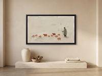 Shepherd and Flock Wide Wall Art — Original Oil Landscape, Sage & Terracotta — original hand-painted oil shown on the wall in a styled room