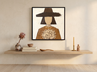 Woman with a Bouquet Wall Art — Original Palette-Knife Oil, Chocolate & Tan — original hand-painted oil shown on the wall in a styled room