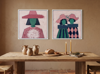 Bouquet Woman & Two Sisters — Set of 2 Original Oils, Pink & Emerald — original hand-painted oil shown on the wall in a styled room