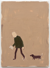 Oil painting of a man in a moss-green coat walking left with a folded paper, a small dachshund trailing behind, on a warm mocha ground.