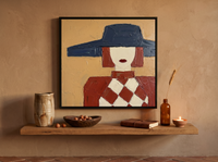 Lady in a Navy Hat Wall Art — Original Palette-Knife Oil, Navy & Oxblood — original hand-painted oil shown on the wall in a styled room