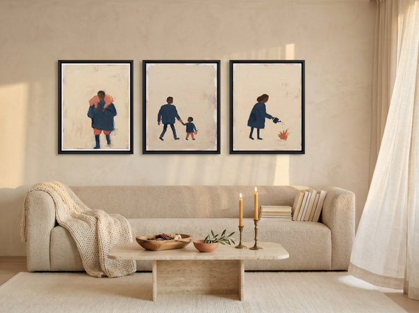 Quiet Tending Triptych — 3 Original Oils, Indigo & Coral