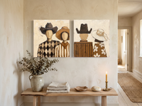 Cowboy & Cowgirl, Front & Back — Set of 2 Original Oils, Chocolate & Rust — original hand-painted oil shown on the wall in a styled room