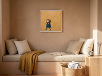 Shepherd Carrying a Lamb Wall Art — Original Palette-Knife Oil, Ochre & Teal — original hand-painted oil shown on the wall in a styled room