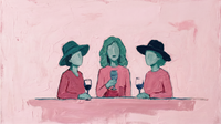 Original wide oil painting of three women with emerald-green faces and magenta tops raising red wine at a table on a bubblegum-pink ground