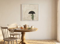 Woman Under an Umbrella Wall Art — Original Oil, Sage & Charcoal — original hand-painted oil shown on the wall in a styled room