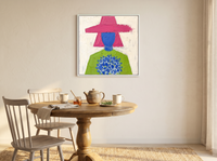 Lady with a Bouquet Wall Art — Original Palette-Knife Oil, Magenta & Lime — original hand-painted oil shown on the wall in a styled room