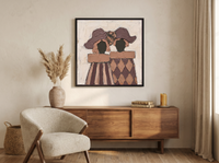Two Ladies in Hats Wall Art — Original Palette-Knife Oil, Plum & Tan — original hand-painted oil shown on the wall in a styled room