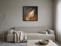 Arched Niche Abstract Wall Art — Original Palette-Knife Oil, Navy & Ochre — original hand-painted oil shown on the wall in a styled room