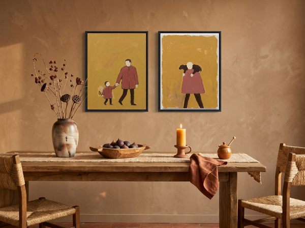 Father & Child with Shepherd — Set of 2 Original Oils, Clay-Rose & Mustard