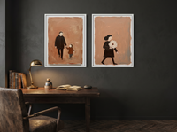 Father & Child with Woman & Bouquet — Set of 2 Original Oils, Espresso & Terracotta — original hand-painted oil shown on the wall in a styled room