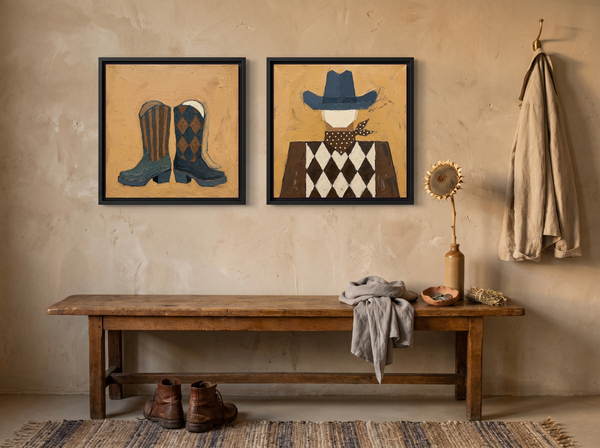Cowboy Boots & Cowboy — Set of 2 Original Oils, Slate Blue on Ochre