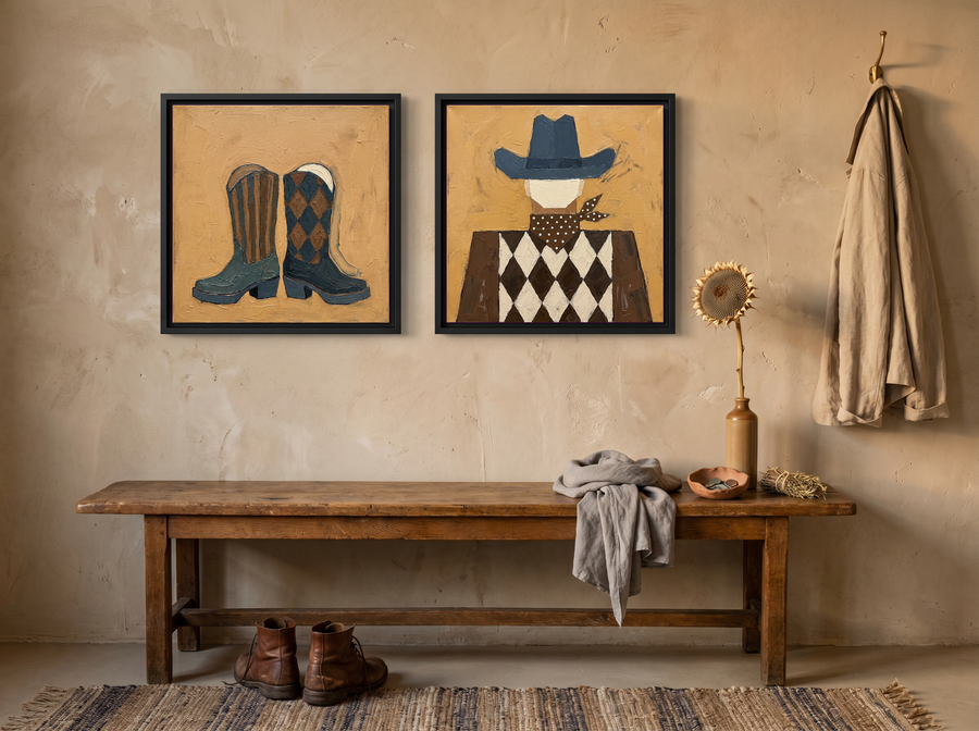 Cowboy Boots & Cowboy — Set of 2 Original Oils, Slate Blue on Ochre