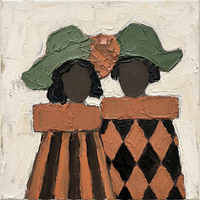 Oil painting of two women in wide sage-green flat-brim hats with deep brown faces and black hair, in sage and terracotta striped shirts, on a cream ground.
