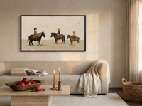 Three Children on Ponies Wide Wall Art — Original Palette-Knife Oil, Chocolate & Cream — original hand-painted oil shown on the wall in a styled room