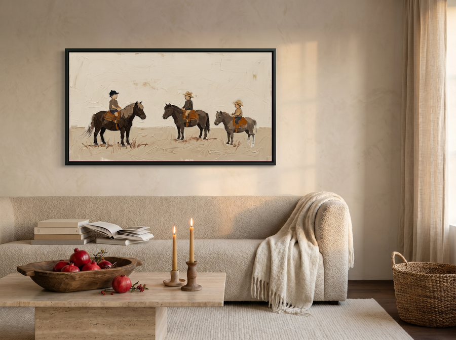 Three Children on Ponies Wide Wall Art — Original Palette-Knife Oil, Chocolate & Cream