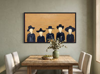 Row of Five Hatted Figures Wide Wall Art — Original Palette-Knife Oil, Navy & Mustard Ochre — original hand-painted oil shown on the wall in a styled room