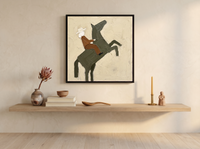 Rider on a Rearing Horse Wall Art — Original Palette-Knife Oil, Olive & Rust — original hand-painted oil shown on the wall in a styled room