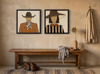 Cowboy & Wide-Brim Lady — Set of 2 Original Oils, Rust & Chocolate — original hand-painted oil shown on the wall in a styled room