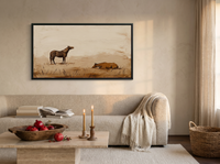 Standing and Resting Horses Wide Wall Art — Original Palette-Knife Oil, Chocolate & Rust — original hand-painted oil shown on the wall in a styled room