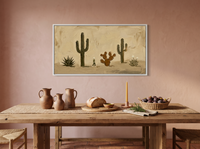 Desert Cacti Row Wide Wall Art — Original Palette-Knife Oil, Olive & Cream — original hand-painted oil shown on the wall in a styled room
