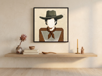 Cowboy in a Checked Shirt Wall Art — Original Palette-Knife Oil, Olive & Brown — original hand-painted oil shown on the wall in a styled room