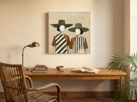 Two Women in Hats Wall Art — Original Palette-Knife Oil, Olive & Rust — original hand-painted oil shown on the wall in a styled room