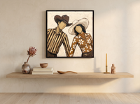Dancing Couple Wall Art — Original Palette-Knife Oil, Brown & Caramel — original hand-painted oil shown on the wall in a styled room