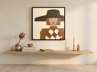 Lady in a Brown Hat Wall Art — Original Palette-Knife Oil, Chocolate & Rust — original hand-painted oil shown on the wall in a styled room