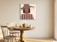 Lady in a Floppy Hat Wall Art — Original Palette-Knife Oil, Mauve & Rose-Brown — original hand-painted oil shown on the wall in a styled room