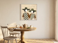 Two Women in Hats Wall Art — Original Palette-Knife Oil, Olive & Rust — original hand-painted oil shown on the wall in a styled room