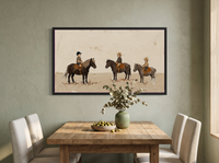 Three Children on Ponies Wide Wall Art — Original Palette-Knife Oil, Chocolate & Cream — original hand-painted oil shown on the wall in a styled room