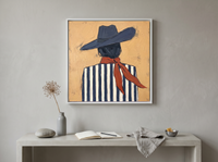 Cowgirl from Behind Wall Art — Original Palette-Knife Oil, Navy & Rust — original hand-painted oil shown on the wall in a styled room