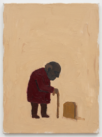 Oil painting of a figure in a deep wine robe lifting a pale lamb to the shoulder, on a warm sand ground.