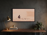 Pigeon Feeder at Dawn Wide Wall Art — Original Oil, Mauve & Rose — original hand-painted oil shown on the wall in a styled room