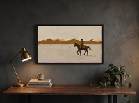 Lone Rider and Mountain Ridge Wide Wall Art — Original Palette-Knife Oil, Chocolate & Cream — original hand-painted oil shown on the wall in a styled room