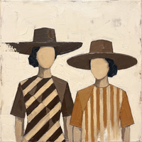 Original oil painting of two women in broad chocolate-brown flat-brim hats, one in brown and cream diagonal stripes, the other in caramel verticals, on a cream ground