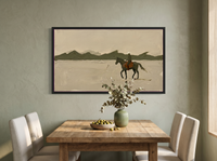 Lone Rider and Mountain Ridge Wide Wall Art — Original Palette-Knife Oil, Olive & Oat — original hand-painted oil shown on the wall in a styled room